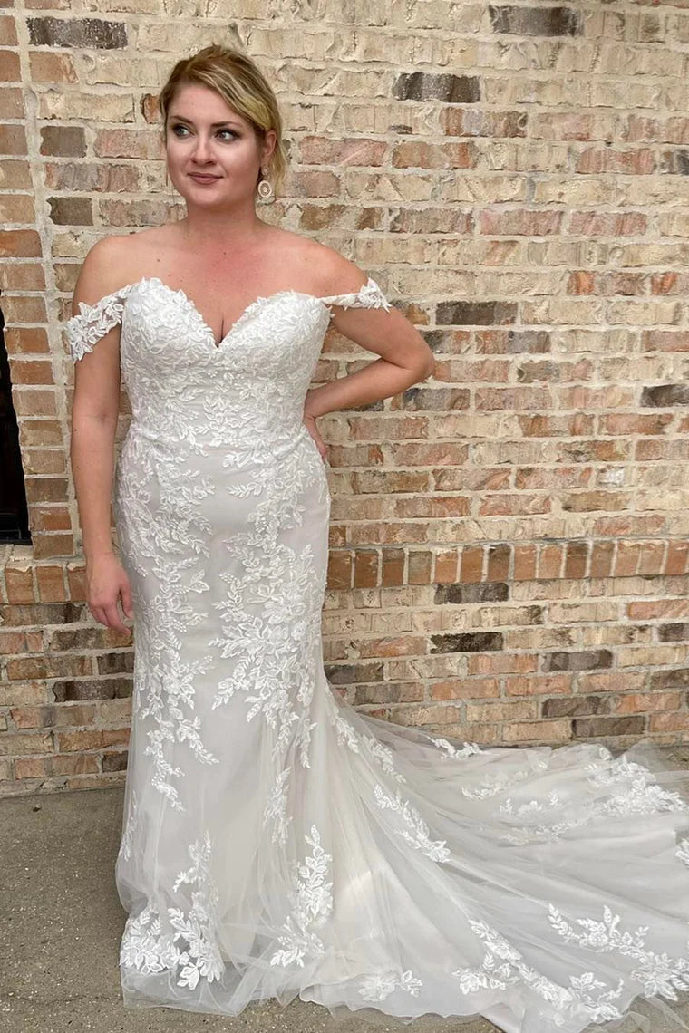 Mermaid White Off-the-Shoulder Wedding Dress Appliques