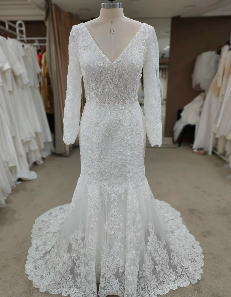 REAL Bohemian Simple Lace Wedding Dress V-Neck Long Sleeve