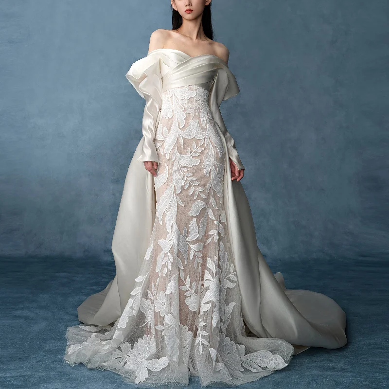 Satin & Lace Detachable Train Wedding Dress Long Sleeve