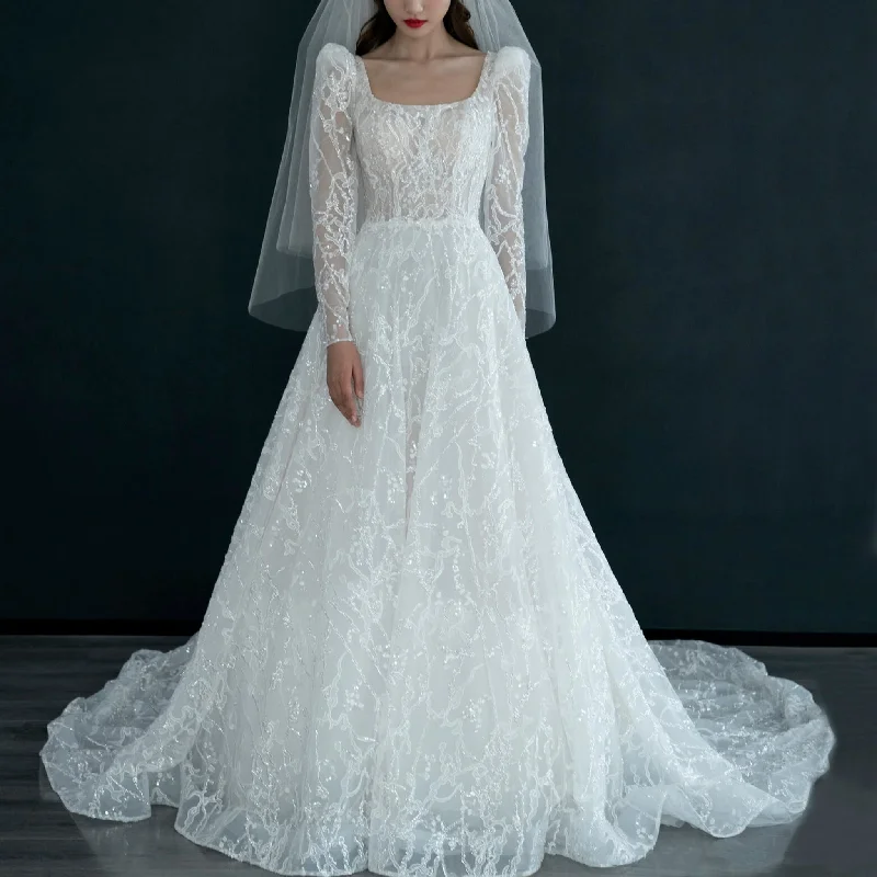 Square Neckline Sparkly A-line Wedding Dress with Long Sleeve