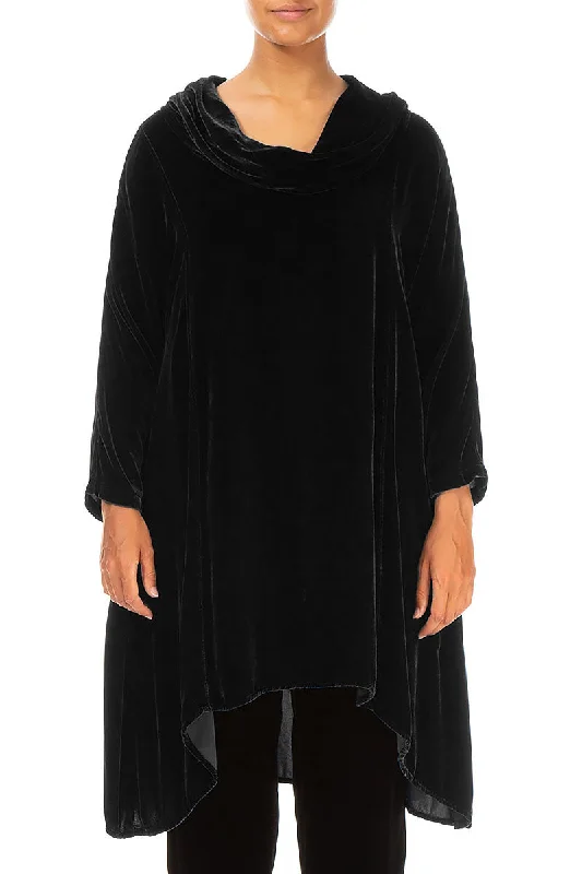 Cowl Neck Asymmetric Black Silk Velvet Tunic