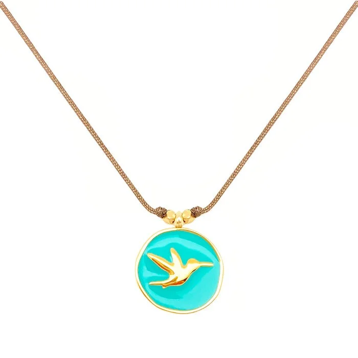 Enamel Charm Necklace - Aqua Hummingbird 16"