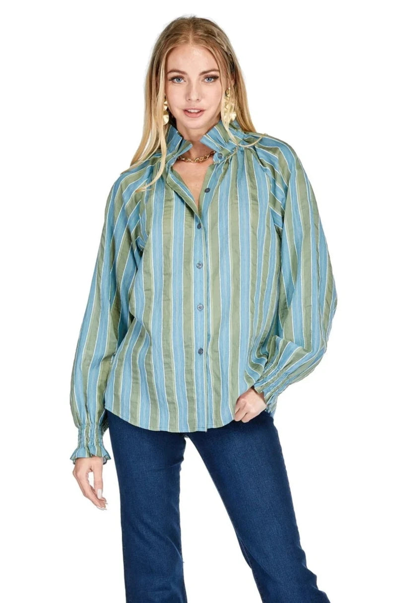 Gathers Neck Blouse - Sage Stripe